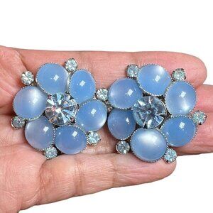 VTG Judy Lee Clip Earrings 1 3/8" Light Blue Moonstone Rhinestones Floral Design